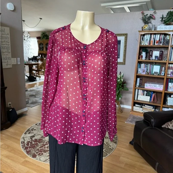 French Connection sheer red & white long sleeve blouse-size L - Picture 1 of 9